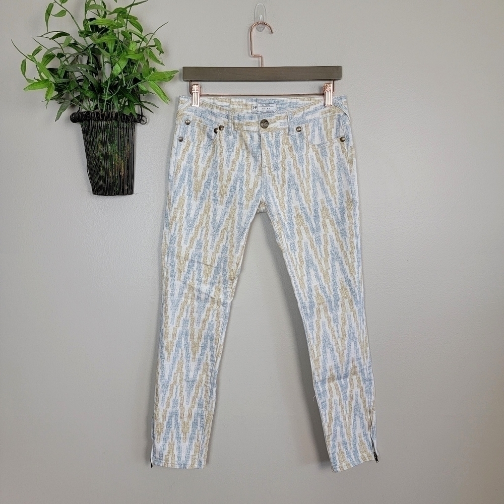 Free People FP Skinny Ivory Ikat Print Crop Ankle Zip Zipper Low Rise Jeans 27
